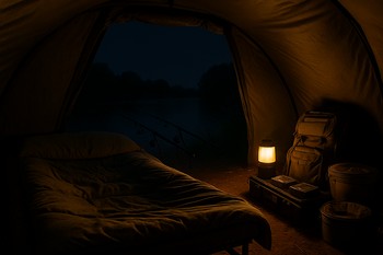 Warm bivvy interior looking out towards rods on a river bend