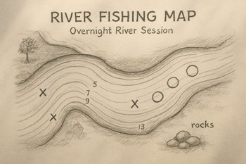 Simple river swim plan drawn with a main feed lane and margin trap