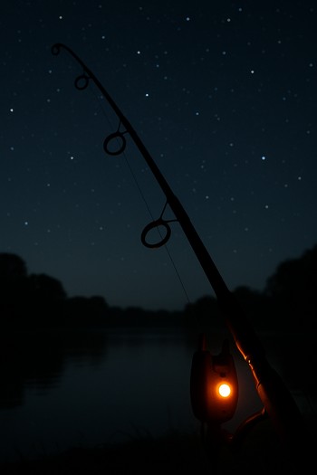 Feeder rod tip glowing at night over a slow river current