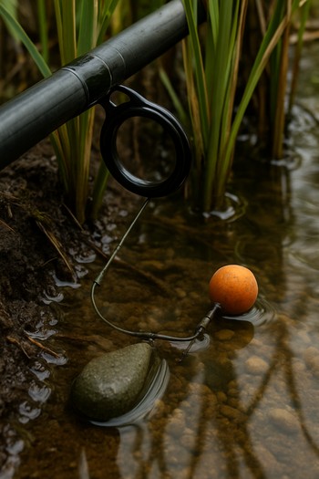 Margin carp rod set tight to cover with a subtle line angle