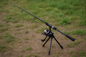 Single roaming carp rod resting on a low stand watching open water