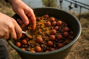 Bait bowl with a blend of pellets, groundbait and crushed boilies