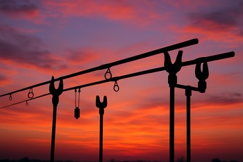 Banksticks and bite alarms in silhouette against the last evening light