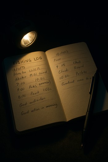 Angler writing notes in a small logbook under the light of a headlamp