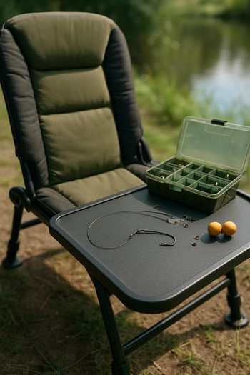 Bucket seat beside a small table used for rig work