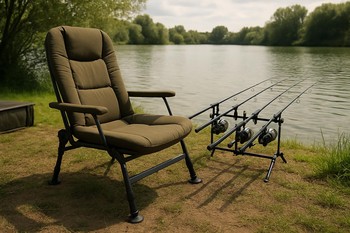 Main carp chair set facing rods and open water on the bank