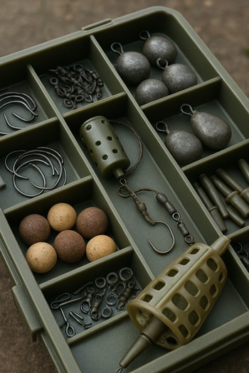 Close-up of a gear tray with alarms, bobbins and a headtorch ready for the night