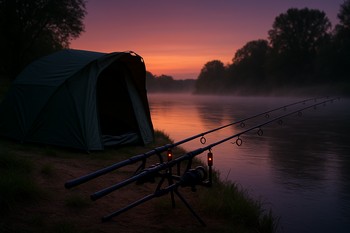 Overnight carp camp on a river bend with rods and a bivvy lit by warm light