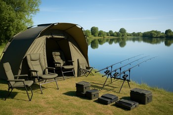 Weekend stillwater carp swim with rods set on a tidy pod