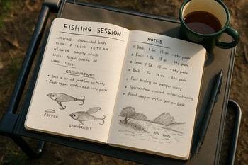 Opened session notebook on a bivvy table with a pen and a small headlamp