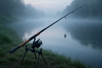 Feeder rod and rod pod standing on a misty morning river bank