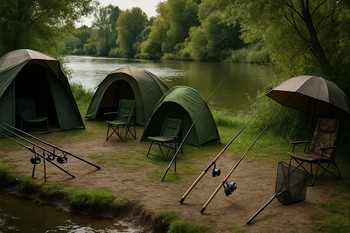 Bankline with different carp sessions set up along the same shore