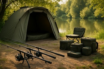 Three small camp portraits pinned side by side on a tackle box lid