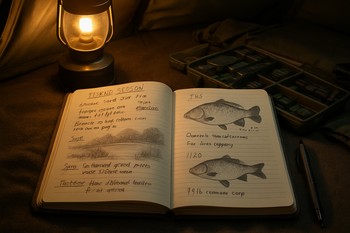 Session notebook open on a bivvy bed with rods visible through the door