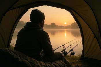 Dawn light falling on a half-zipped bivvy door and a bedchair