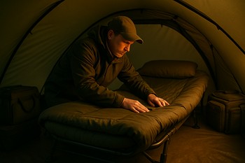 Evening bivvy interior with bag rolled back and layers ready