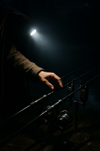 Angler stepping out of the bivvy at midnight to glance at rods