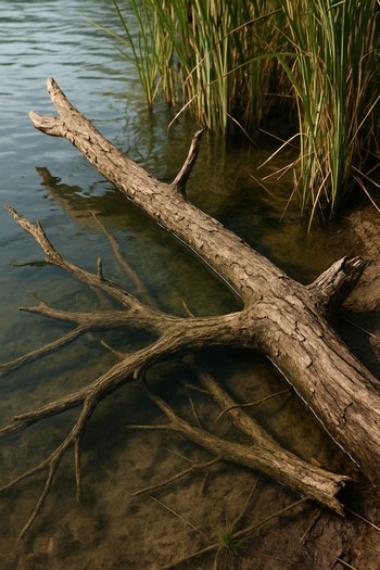 Close-up of a snaggy margin with overhanging branches and cover