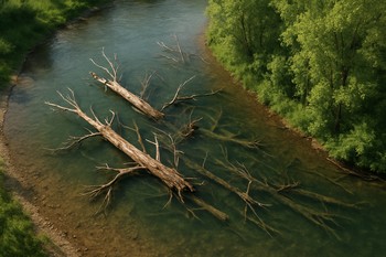 Overview of a river bend with visible snags and clean openings