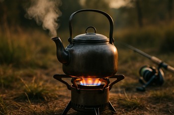 Camping kettle steaming on a small stove beside a carp rod