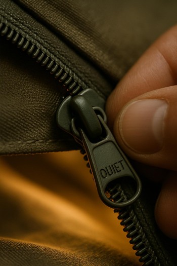 Angler closing a bivvy zip slowly with one hand at night