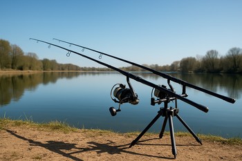 Daylight stillwater bank with rods set neatly and a calm surface