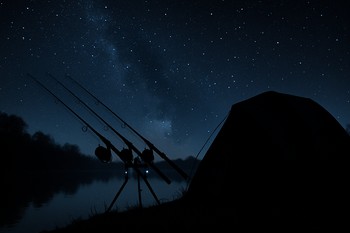 Night silhouette of carp rods against distant stillwater lights