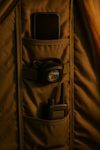 Inside bivvy wall with mesh pockets holding small camp items