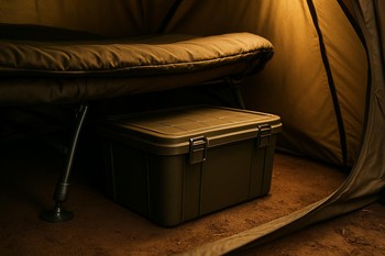 Storage crate tucked under a bedchair with labels on each side