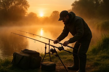 Angler placing a rod pod and chair at first light on a grassy river bank