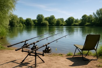 Calm midday stretch of water with feeder rods pointing over still river surface