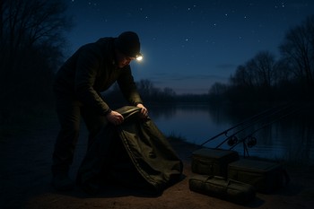 Pre-dawn bivvy front half packed down while rods remain on the bank