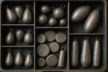 Box of carp leads lined up in a neat grid