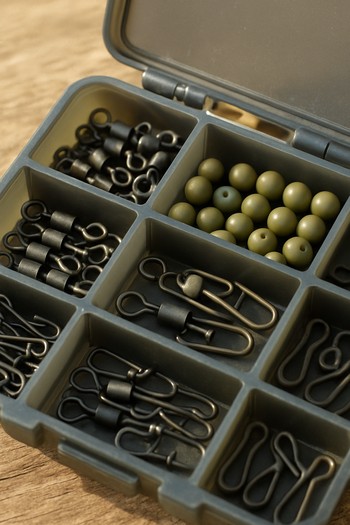 Small bits box with swivels, beads and stops in separate compartments