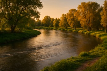 Evening river bend with soft current and overhanging trees