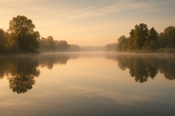 Calm stillwater lake at morning with rods pointing over a glassy surface