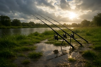 Bank grass darkened by a passing shower with clearing sky behind