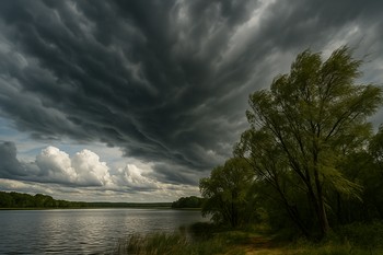 Soft clouds drifting over a treeline above a wide river