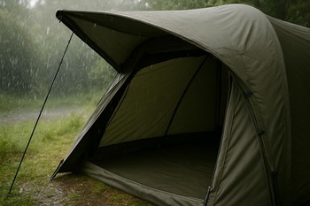 Front door panel angled to shed rain without closing the bivvy