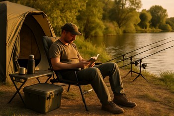 Afternoon camp scene with chairs, stove and rods ticking along
