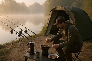 Morning view of a weekend carp swim with fresh rods and calm water
